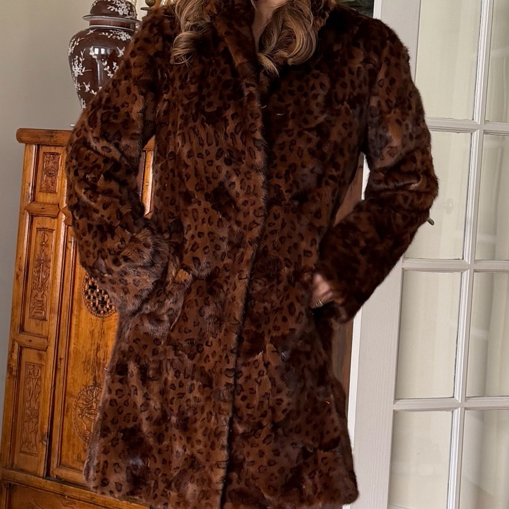 Leopard Print Real Mink Fur Coat, Sz 6/8